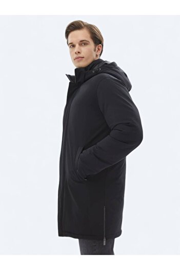 Kip Siyah Comfort Fit Kapüşonlu Casual Dokuma Kaban