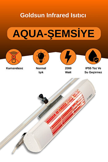 GOLDSUN Aqua 2000 Watt GSU20 Şemsiye Tip Kumandasız Suya Dayanıklı Elektrikli İnfrared Isıtıcı-Beyaz