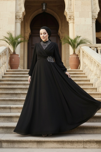 Neva Style Βραδινό φόρεμα με κεντημένο μαύρο χιτζάμπ 25882s