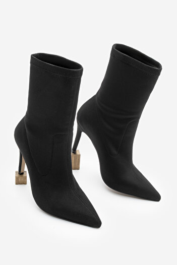 Marjin Women's Pointed Toe Stretch Suede Heeled Boots Pesina Black