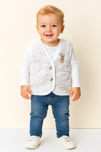 minikiss Plush Welsoft Embossed Fabric Buttoned and Teddy Bear Patterned Baby Kids Vest
