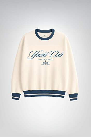 Le'sluette shadow of style Women's Yatch Club Embroidery Detailed Knitwear Crew Neck Oversize Sweatshirt Ecru