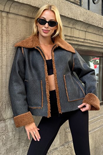 VAGGON Women's Black-Brown Double Pocket Faux Fur Inside Faux Leather Biker Jacket Prm0408