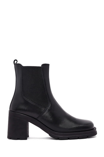 Derimod Women's Black Zippered Thick Heeled Leather Boots 25Wfd512118