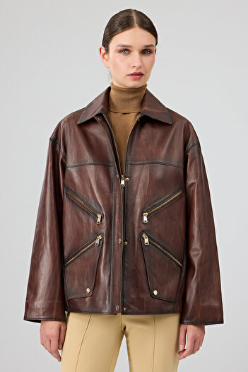 Derimod Claris Women's Brown Shirt Collar Oversize Leather Coat 25Wge5332Nc