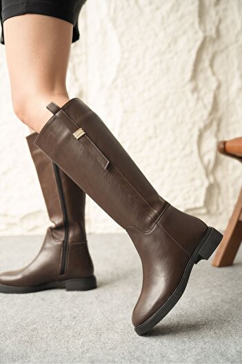 MODAADAM Women's Gail Flat Bottom Buckle Boots - Brown-Leather