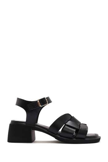 Derimod Women's Black Ankle Buckle Short Thick Heeled Leather Sandals 25Sfd130918
