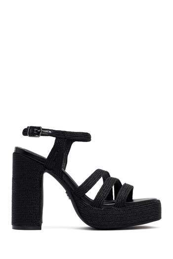 Derimod Women's Black Ankle Buckle High Thick Heeled Platform Straw Sandals 25Sfd4433M7