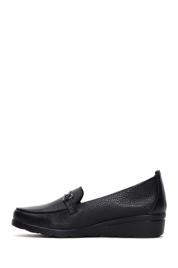 Derimod Women's Black Buckle Detailed Wedge Heeled Leather Winter Loafer Shoes 25Afd4122Ft
