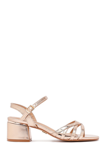 Derimod Women's Pink Ankle Buckle Metallic Thick Heeled Sandals 25Sfe466332