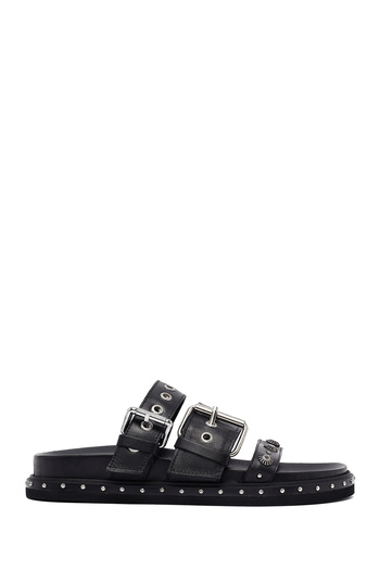 Derimod Women's Black Buckle Leather Slippers 25Sfd270018