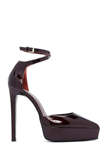 Derimod Women's Burgundy Ankle Buckle Platform High Heeled Patent Leather Shoes 25Afd120016