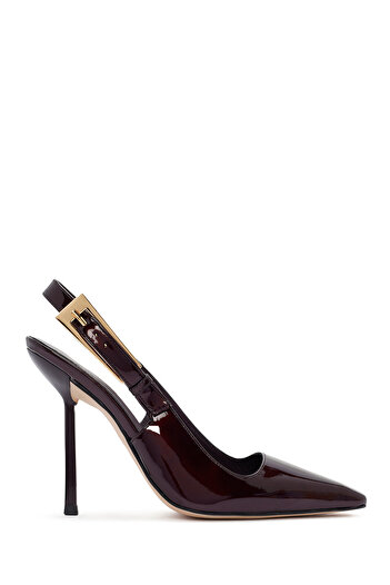 Derimod Women's Burgundy Open Back High Thin Heeled Patent Leather Shoes 25Afd120316