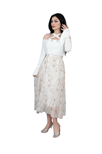 Nice Model Princess Dress with Crossed Straps & Floral Print Elegant Off-Shoulder Formal Gown