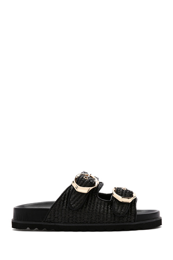 Derimod Women's Black Double Buckle Straw Slippers 25Sfd4402M7