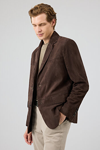Derimod Rodrygo Men's Brown Blazer Suede Leather Jacket 25Sgd656510