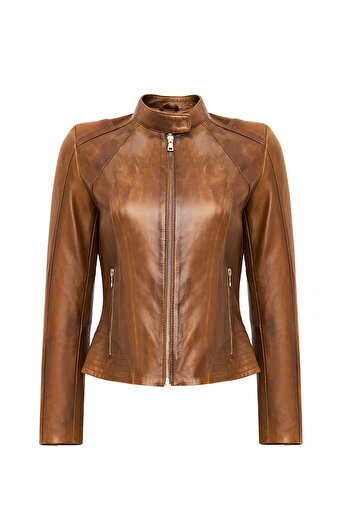 Derimod Anya Women's Camel Short Leather Jacket 24Wge5233Nc