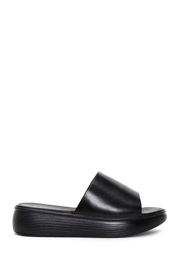 Derimod Women's Black Thick Soled Leather Slippers 25Sfd 330318