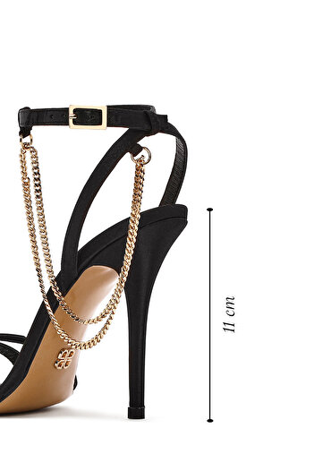 Derimod Women's Black Banded Chain Detail Satin Leather Thin High Heels Shoes Sandals 25Sfd12036F