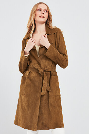 Derimod Sardinia Women's Camel Suede Leather Trench Coat 24Sgd518010