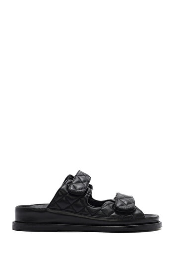 Derimod Women's Black Banded Quilted Patterned Leather Slippers 25Sfd2301Kp