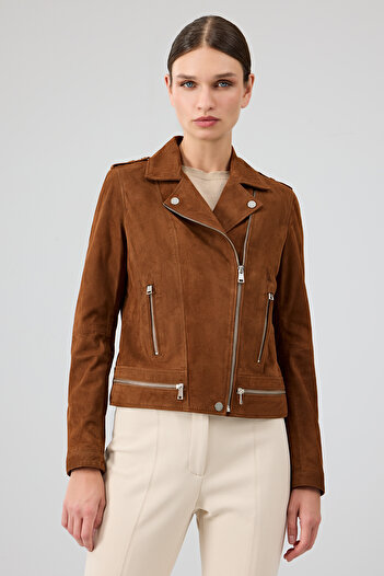 Derimod Layla Women's Brown Biker Suede Leather Jacket 24Wgd52841B