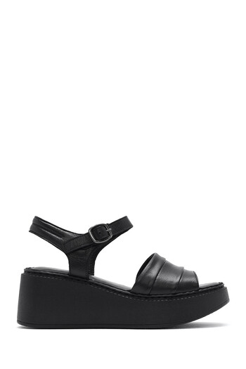 Derimod Women's Black Thick Soled Genuine Leather Comfort Sandals 25Sfd340918