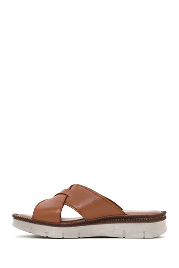 Derimod Women's Tan Thick Soled Leather Comfort Slippers 25Sfd 320018