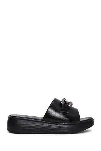 Derimod Women's Black Thick Sole Chain Leather Slippers 25Sfd 330518