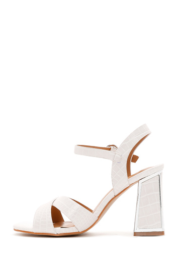 Derimod Women's White Ankle Strap Thick Heeled Shoes Crocodile Sandals 25Sfe4623E3