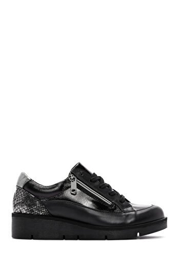 Derimod Women's Black Lace-Up Zipper Detailed Leather Casual Shoes 24Wfd370714