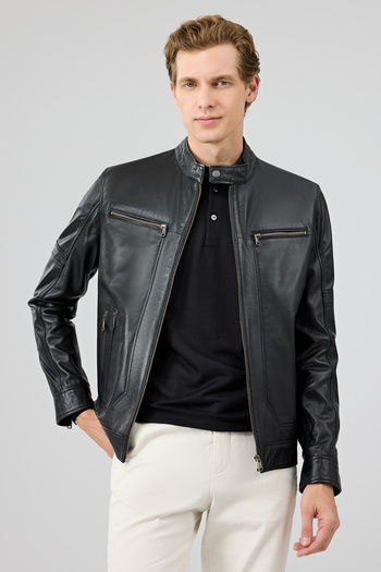 Derimod Patrick Men's Black Judge Collar Leather Jacket 24Wge65411M