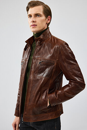 Derimod Wade Erkek Kahverengi Slim-Fit Deri Ceket 24WGF6462M2