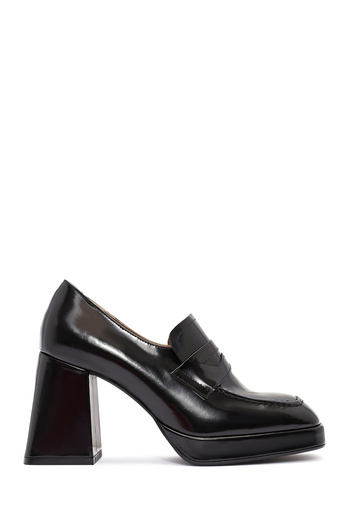 Derimod Women's Black Thick Heeled Leather Loafer 24Wfd132922
