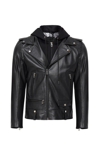 Derimod Butler Men's Black Hooded Biker Leather Jacket 24Wgf6527Ft