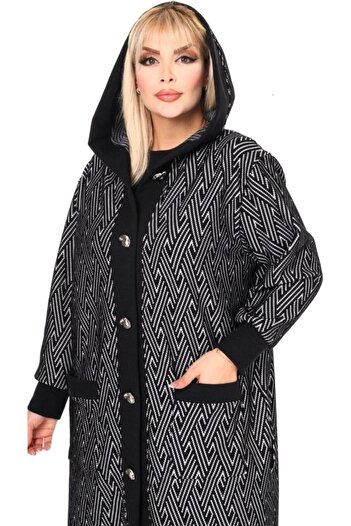 Kheos Cu glugă, mânecă lungă, carouri, dungi, buzunare duble, nasturi, potrivire confortabilă, moale, tricotaje de lungime midi, cardigan din țesătură