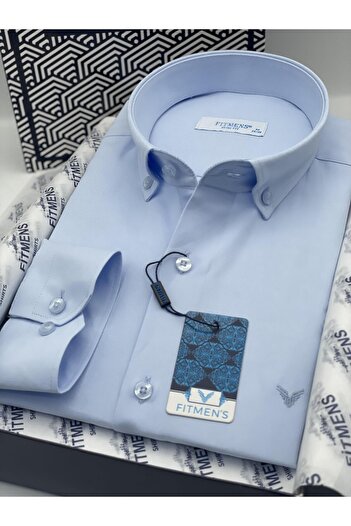 Fitmens Slim Fit Uzun Kol Pamuklu Hediye Kutulu Kolay Ütülenebilir Erkek Gömlek FS-002225 - Buz Mavi