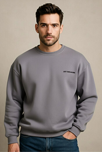 JUSTEVER Ανδρικό φούτερ Crew Neck Κεντημένο Raised Grey με Fleece Εσωτερικά - Volar