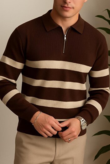 İLKCET MODA Zipper Collar Brown Premium Striped Steel Knit Sweater