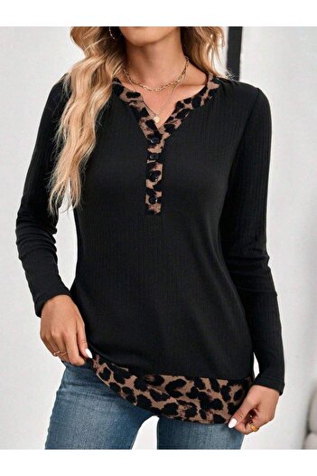 Melek Moda Women's Long Sleeve Button down Collar Leopard Detailed Camisole Blouse