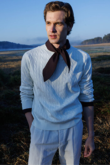 Desen Triko Men's Crew Neck Hair Braided Sweater Bone