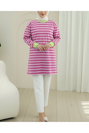 Modamorfo Bunt gestreifter Rundhals-Sweat – Fuchsia