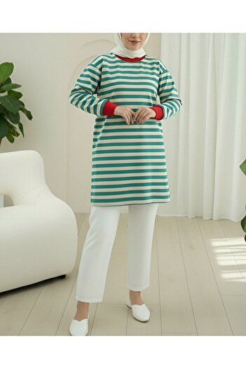 Modamorfo Bunt gestreifter Rundhals-Sweat – Smaragd