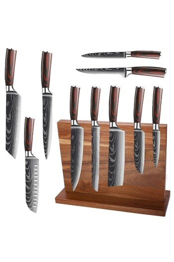 OptimStar Set Profesional de Cuțite cu Suport Magnetic, 10 Cuțite, Mâner Deluxe Pakkawood
