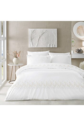 Linens White Premium Chiffon Cotton Brode Double Duvet Cover Set