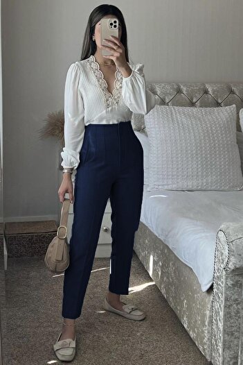 Madmext Navy Blue High Waist Women's Trousers Mg2425