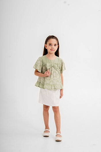 Gocoland Girl's 2-Piece Set, Embroidered Blouse and Belted Gabardine Skirt