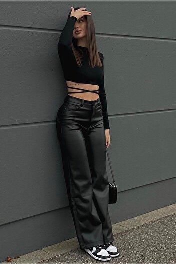 Madmext Mad Girls Dark Black Leather Pants Mg1316