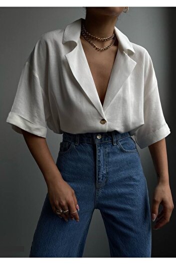 lovebox Women's White Jacket Collar Button Detailed Linen Shirt 23s18023