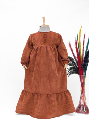 Betül Akbay Girl's Velvet Dress - Mihri Model Long Hijab Dress Tile